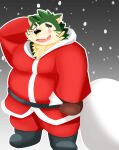  absurd_res anthro blush canid canine canis christmas christmas_clothing clothing domestic_dog embarrassed eyebrows fur green_body green_fur hi_res holidays jinastray lifewonders live-a-hero male mammal mokdai one_eye_closed overweight present_sack snow solo thick_eyebrows video_games wink 