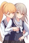  2girls grey_hair highres hug hug_from_behind kirari_hikaru kureha_yuna long_hair magia_record:_mahou_shoujo_madoka_magica_gaiden mahou_shoujo_madoka_magica multiple_girls orange_eyes orange_hair ponytail ribbon school_uniform suzugahama white_background yellow_eyes yuri 