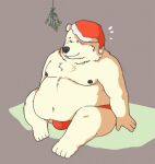  2021 anthro belly black_nose blush bulge christmas christmas_clothing christmas_headwear clothing hat headgear headwear hi_res holidays loafbeaw male mammal moobs nipples obese obese_male overweight overweight_male polar_bear santa_hat simple_background sitting solo tongue tongue_out underwear ursid ursine white_body 