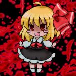  1girl :d artist_request ascot black_dress blonde_hair blush_stickers collared_shirt commentary_request dress fang hair_ribbon medium_hair mensoreimuremu open_mouth outstretched_arms red_ascot red_eyes red_neckwear red_ribbon ribbon rumia shirt smile solo spread_arms touhou white_footwear white_shirt 