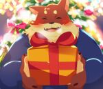  0119_muu 2021 anthro blush canid canine canis christmas christmas_tree clothing cute_fangs domestic_dog eyes_closed gift holidays kemono male mammal overweight overweight_male plant solo sweater topwear tree 