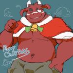  2021 anthro bottomwear bovid bovine bulge cattle christmas clothing green_bell hi_res holidays horn humanoid_hands kemono male mammal navel one_eye_closed pants red_body simple_background slightly_chubby solo text wink 