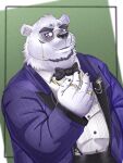  2021 anthro belly borealis_(live-a-hero) bow_tie clothing eyewear fur glasses hi_res humanoid_hands lhjal2 lifewonders live-a-hero male mammal overweight overweight_male polar_bear shirt simple_background solo topwear ursid ursine video_games white_body white_fur 
