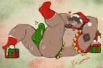  2021 anthro armpit_hair balls belly body_hair butt christmas christmas_clothing christmas_headwear clothing erection eyes_closed genitals hat headgear headwear holidays lying male mammal moobs musclegut nipples overweight overweight_male penis pure_command santa_hat solo suid suina sus_(pig) underwear wild_boar 