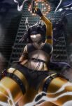  2021 5_fingers absurd_res anthro black_hair breasts clothed clothing collar detailed_background digital_media_(artwork) dragon eyebrows eyelashes female fingers hair hi_res horn lesspie navel navel_piercing night non-mammal_breasts outside piercing red_eyes solo weapon 