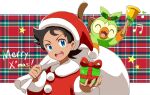  1boy :d bangs bell black_hair blue_eyes box closed_eyes commentary_request eyelashes fangs gift gift_box goh_(pokemon) grookey hands_up haruhi_(xy161027z) hat holding holding_gift holding_sack holly long_sleeves looking_at_viewer male_focus merry_christmas musical_note open_mouth plaid pokemon pokemon_(anime) pokemon_swsh_(anime) red_headwear sack santa_hat short_hair smile star_(symbol) teeth tongue upper_body upper_teeth 