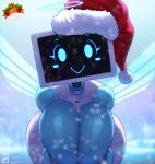  absurd_res big_breasts breasts christmas christmas_clothing christmas_headwear clothing female headgear headwear hi_res holidays humanoid looking_at_viewer machine monitor pressing_breasts_together robot robot_humanoid snow solo walter_sache 