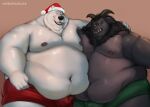 2021 anthro beard belly black_body black_nose bulge christmas christmas_clothing christmas_headwear clothing duo embrace eyes_closed facial_hair hat headgear headwear holidays hug humanoid_hands krampus male male/male mammal mature_male moobs navel nipples obese obese_male overweight overweight_male polar_bear santa_claus santa_hat shibadoodles simple_background underwear ursid ursine white_body 