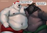 2021 anthro beard belly black_body black_nose bulge christmas clothing duo embrace english_text eyes_closed facial_hair holidays hug humanoid_hands krampus male male/male mammal mature_male moobs navel nipples obese obese_male overweight overweight_male polar_bear santa_claus shibadoodles simple_background text underwear ursid ursine white_body 