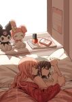  akiyama_mizuki blanket brown_hair closed_eyes hug hug_from_behind magazine_(object) namgic off-shoulder_shirt off_shoulder pink_hair project_sekai shinonome_ena shirt sleeping spooning stuffed_toy 