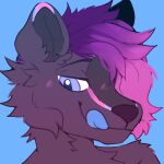  anthro blep blue_eyes blue_tongue hair hi_res illuminium licking licking_lips male mammal mephitid multicolored_ears noble purple_hair skunk solo thrall tongue tongue_out zorillo 