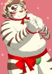  2021 9dtq0 absurd_res anthro belly blush bulge christmas clothing eyewear felid fur glasses hi_res holidays humanoid_hands kemono licho_(tas) lifewonders male mammal overweight overweight_male pantherine simple_background solo tiger tokyo_afterschool_summoners underwear video_games white_body white_fur 