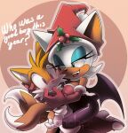  ) 2_tails anthro armwear blush breasts canid canine chiropteran christmas clothing dialogue duo elbow_gloves embrace english_text female fox gloves handwear hi_res holidays holly_(plant) hug male male/female mammal miles_prower multi_tail nancher nipple_outline plant rouge_the_bat sega sonic_the_hedgehog_(series) text watermark wings 