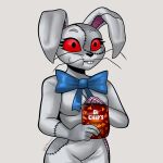  2021 bow_tie chewing chips_(food) clothing costume eating eyelashes female five_nights_at_freddy&#039;s food hi_res human lagomorph leporid mammal rabbit rakoongrey red_eyes scottgames seam_(sewing) solo stare stitch_(sewing) vanny_(fnaf) video_games 