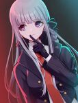  1girl absurdres bangs black_gloves black_jacket black_ribbon braid brown_necktie collared_shirt danganronpa:_trigger_happy_havoc danganronpa_(series) eyebrows_visible_through_hair gloves gradient gradient_background green_background hair_ribbon highres jacket kirigiri_kyouko long_hair long_sleeves necktie open_clothes open_jacket purple_eyes purple_hair red_background ribbon rurero_666 shirt side_braid sideways_glance solo upper_body white_shirt 