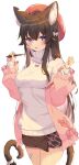  1girl absurdres animal_ear_fluff animal_ears bandaid beret blue_eyes breasts brown_hair cat_ears cat_girl cat_tail commentary_request eyebrows_visible_through_hair hat highres holding holding_stylus jacket jun_(aousa0328) long_hair looking_at_viewer medium_breasts original pink_jacket red_headwear simple_background solo stylus sweater tail thighs turtleneck turtleneck_sweater white_background white_sweater 