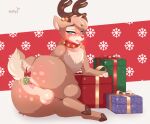  2021 anthro antlers anus backsack balls bell big_butt blue_eyes blush brown_body brown_fur butt capreoline cervid christmas collar collar_only fur genitals gift girly hi_res holidays hooves horn inviting looking_back lying male mammal mistletoe narrowed_eyes nude on_side pink_anus plant presenting presenting_anus presenting_balls presenting_hindquarters red_nose reindeer rudolph_the_red_nosed_reindeer simple_background solo taffyy tongue tongue_out white_body white_fur 