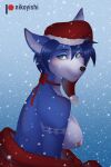  2021 anthro bedding big_breasts blanket blue_body blue_eyes blue_fur blue_hair blush breasts canid canine choker christmas christmas_clothing christmas_headwear clothing conditional_dnp digital_media_(artwork) digital_painting_(artwork) female fox fur fur_markings hair hat headgear headwear hi_res holidays inner_ear_fluff jewelry krystal mammal markings necklace nikoyishi nintendo nipples nude ribbons santa_hat shaded simple_background smile snow snowflake solo star_fox tuft video_games white_body white_fur 