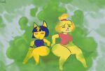  2021 animal_crossing ankha_(animal_crossing) anthro bawko canid canine canis domestic_cat domestic_dog duo eyes_closed fart fart_cloud fart_fetish felid feline felis female fur hi_res isabelle_(animal_crossing) mammal nintendo sitting thick_thighs video_games yellow_body yellow_fur 