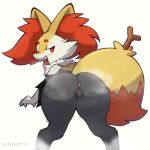  2021 4_fingers anthro anus artist_name bedroom_eyes bent_over black_body black_fur blush bodily_fluids braixen butt claws facial_tuft female fingers fitletter fluffy fluffy_tail fur genitals half-closed_eyes hi_res inner_ear_fluff inviting looking_at_viewer looking_back multicolored_body multicolored_fur narrowed_eyes neck_tuft nintendo nude open_mouth pok&eacute;mon pok&eacute;mon_(species) presenting presenting_hindquarters pussy rear_view red_body red_eyes red_fur red_nose seductive simple_background solo standing steam stick sweat teeth tongue tongue_out tuft video_games white_background white_body white_fur yellow_body yellow_fur 