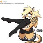  2021 alma_(capaoculta) anthro blonde_hair blush bottomwear capaoculta cheetah clothed clothing english_text felid feline female footwear fur hair hi_res high_socks ko-fi leg_hug mammal multicolored_body multicolored_fur orange_body orange_fur shorts simple_background sitting socks solo text 