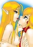 2girls bdsm blonde_hair blue_eyes breast_grab breasts collar earrings eye_contact face-to-face face_to_face grabbing jewelry kiss leash long_hair looking_at_another mario_(series) multiple_girls nintendo nipples nude princess_peach princess_zelda super_mario_bros super_mario_bros. the_legend_of_zelda yuri 