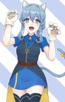  1girl animal_ears bell bell_choker blue_eyes blue_hair blue_shirt blue_skirt cat_day cat_ears cat_tail choker cowboy_shot diagonal-striped_background diagonal_stripes eyebrows_visible_through_hair gloves gotland_(kantai_collection) hair_between_eyes hair_bun highres jingle_bell kantai_collection kemonomimi_mode kodama_(user_rnfr3534) long_hair looking_at_viewer military military_uniform mole mole_under_eye paw_gloves paw_pose paws remodel_(kantai_collection) shirt short_sleeves skirt solo standing striped striped_background tail thighhighs uniform 