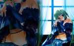  1girl breasts choker female green_eyes green_hair highres indoors nipples no_bra sitting solo wallpaper wallpaper_for_the_brave window 
