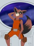  anthro bulge clothed clothing guardians_of_the_galaxy legwear male mammal marvel pinup pose presenting procyonid raccoon rocket_raccoon smile solo space star theoryofstrings tights 