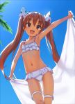  1girl :d arm_up bangs bare_shoulders bikini blue_sky blush bow brown_eyes brown_hair collarbone commentary_request day eyebrows_visible_through_hair fang frilled_bikini frills gluteal_fold hair_between_eyes hair_bow hair_ornament hair_ribbon highres holding holding_towel kantai_collection kawakami_rokkaku libeccio_(kantai_collection) long_hair looking_at_viewer navel open_mouth outdoors outstretched_arms polka_dot polka_dot_bow revision ribbon sky smile solo standing stomach swimsuit tan thigh_strap towel tree twintails very_long_hair 
