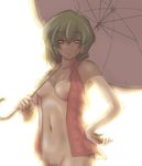  ao_usagi backlighting bare_shoulders bottomless breasts breasts_apart commentary earrings green_hair hand_on_hip jewelry kazami_yuuka medium_breasts naked_vest navel nipples no_bra open_clothes open_vest out-of-frame_censoring parasol plaid plaid_vest pubic_hair red_eyes short_hair simple_background smile solo touhou umbrella vest 