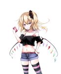  1girl :o armpits bare_shoulders belt black_legwear black_scrunchie black_shirt blonde_hair blue_shorts blush bra bra_strap breasts cellphone collarbone commentary_request crop_top crystal flandre_scarlet floating_hair frown hair_between_eyes hair_ornament hair_scrunchie hand_on_hip hand_up highres holding holding_phone kuromiko_shoujo legs_apart long_hair looking_at_viewer midriff navel off-shoulder_shirt off_shoulder one_side_up open_mouth phone red_bra red_eyes scrunchie shirt short_shorts short_sleeves shorts simple_background solo standing stomach strap_slip striped striped_legwear thighhighs touhou underwear v-shaped_eyebrows white_background wings 