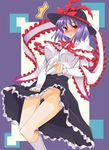  blush breasts dress gokubuto_mayuge hat kneehighs large_breasts nagae_iku no_panties purple_hair pussy red_eyes shawl short_hair socks solo surprised touhou 