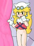  1girl alternate_costume artist_request blonde_hair blush bottomless earrings gloves jewelry lowres mask nervous nintendo paper_mario paper_mario_rpg princess_peach pussy shadow super_mario_bros super_mario_bros. uncensored x-naut x-naut_(cosplay) 