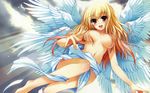  angel_wings barefoot blonde_hair blush breasts convenient_censoring copyright_request flying hair_censor hair_over_breasts highres large_breasts long_hair multiple_wings red_eyes seraph sky smile solo third-party_edit tomose_shunsaku topless wallpaper wings 