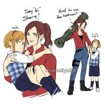  bazooka belt blonde_hair blue_eyes blush brown_hair carrying claire_redfield denim english_text full_body gun hairband highres long_hair looking_at_viewer naomig pants ponytail resident_evil resident_evil_2 school_uniform sherry_birkin short_hair simple_background smile weapon white_background 