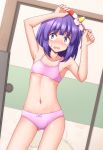 1girl armpits arms_up bangs bare_arms bare_shoulders blunt_bangs blush bow bow_panties bra collarbone commentary_request constricted_pupils cowboy_shot embarrassed eyebrows_visible_through_hair flat_chest flower gluteal_fold hair_flower hair_ornament hieda_no_akyuu highres indoors looking_at_viewer navel nose_blush open_mouth panties pink_bra pink_panties purple_eyes purple_hair shiny shiny_skin short_hair solo standing stomach sweat teoi_(good_chaos) thighs touhou underwear white_flower 