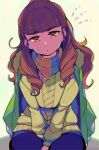  1girl bangs between_legs blunt_bangs braid braided_bun brown_hair eyebrows eyebrows_visible_through_hair green_background green_jacket hair_bun hand_between_legs head_tilt highres idolmaster idolmaster_cinderella_girls jacket jacket_on_shoulders kamiya_nao looking_at_viewer red_eyes solo sweater thick_eyebrows woofycakes 