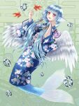  1girl blue_hair blue_kimono character_request dairoku_ryouhei feathered_wings fish goldfish hair_ribbon head_fins japanese_clothes kimono long_hair mermaid monster_girl obi official_art pink_eyes print_kimono ribbon sash solo twintails u3_(pixiv832164) white_wings wings yukata 