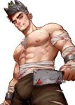  1boy abs animal_ears artist_self-insert bandages bara bulge chest_hair closed_mouth creature_on_head earrings greenteaa highres jewelry large_pectorals looking_at_viewer male_focus mature_male muscular muscular_male original pectorals short_hair smile solo spiked_hair thick_eyebrows 