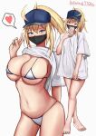  1girl absurdres artoria_pendragon_(fate) bikini blonde_hair blue_eyes blush breasts cellphone cleavage clothes_lift commentary_request fate/grand_order fate_(series) hat heart highres katsuragi_nantoka loose_clothes loose_shirt mask mouth_mask mysterious_heroine_xx_(fate) phone ponytail selfie shirt shirt_lift smartphone spoken_heart swimsuit thighs v white_background white_shirt 