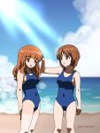  2girls artist_name bangs beach blue_swimsuit blunt_bangs blurry blurry_background bokeh brown_eyes brown_hair cloud cloudy_sky commentary dated day depth_of_field eyebrows_visible_through_hair girls_und_panzer hand_in_another&#039;s_hair highres horizon long_hair looking_at_another multiple_girls naotosi nishizumi_miho ocean one-piece_swimsuit open_mouth orange_eyes orange_hair outdoors school_swimsuit short_hair sky smile standing swimsuit takebe_saori tan tanlines 