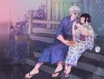  1boy 1girl black_eyes black_footwear black_hair blowing blue_eyes blue_kimono couple food full_body gojou_satoru hetero holding holding_food iori_utahime japanese_clothes jujutsu_kaisen kimono open_mouth round_eyewear sandals shaved_ice short_hair sitting sunglasses suvin_(mononochi) takoyaki white_hair white_kimono wide_sleeves 