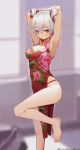  1girl aduo armpits barefoot blush breasts china_dress chinese_clothes cleavage closed_mouth commentary_request double_bun dress highres legs looking_at_viewer original pixiv_id red_eyes short_hair solo standing standing_on_one_leg thighs toes twitter_username white_hair 