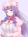  1girl blush breasts capelet commentary_request crescent crescent_hat_ornament dress fingers_together hair_ribbon hat hat_ornament large_breasts lavender_background long_hair long_sleeves looking_at_viewer mob_cap patchouli_knowledge purple_eyes purple_hair revision ribbon simple_background smile solo striped striped_dress touhou tress_ribbon upper_body ushinomiya wide_sleeves 