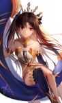  1girl absurdres bangs bare_legs bare_shoulders black_hair black_legwear breasts collarbone crown ewig eyebrows_behind_hair eyebrows_visible_through_hair fate/grand_order fate_(series) highres ishtar_(fate) long_hair looking_at_viewer red_eyes simple_background sitting smile solo thighhighs twintails white_background 