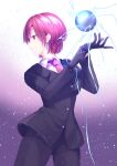  1girl ball bangs bazett_fraga_mcremitz black_gloves breasts earrings fate/hollow_ataraxia fate_(series) formal gloves highres incoming_attack jewelry looking_to_the_side necktie purple_eyes purple_hair putting_on_gloves shiohari_kanna shirt short_hair solo suit 