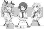  +++ 3girls :q anchovy_(girls_und_panzer) anzio_school_uniform apron bangs bowl braid carpaccio_(girls_und_panzer) closed_eyes closed_mouth commentary_request container cooking dress_shirt drill_hair eyebrows_visible_through_hair flying_sweatdrops food girls_und_panzer greyscale hair_ribbon heart highres holding holding_bowl licking licking_finger long_hair looking_at_another miniskirt monochrome multiple_girls onigiri open_mouth partial_commentary pepperoni_(girls_und_panzer) plate pleated_skirt renshiu ribbon school_uniform shirt short_hair side_braid skirt sleeves_rolled_up smile standing sweatdrop tongue tongue_out twin_drills twintails waist_apron wing_collar 