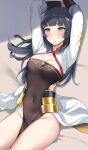  1girl armor arms_up black_hair breasts brown_dress cleavage covered_navel dress epic_seven faulds green_eyes highleg highres kaetzchen long_hair long_sleeves looking_at_viewer lying medium_breasts no_panties on_back pelvic_curtain solo thighs yoonryoung_(epic_seven) 