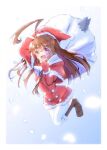  1girl ahoge alternate_costume brown_eyes brown_hair capelet commentary_request dress full_body fur-trimmed_capelet fur-trimmed_headwear fur_trim gloves hat huge_ahoge kantai_collection kuma_(kancolle) long_hair looking_at_viewer nesugi red_capelet red_dress red_eyes red_gloves red_headwear sack santa_costume santa_hat smile solo thighhighs white_legwear 
